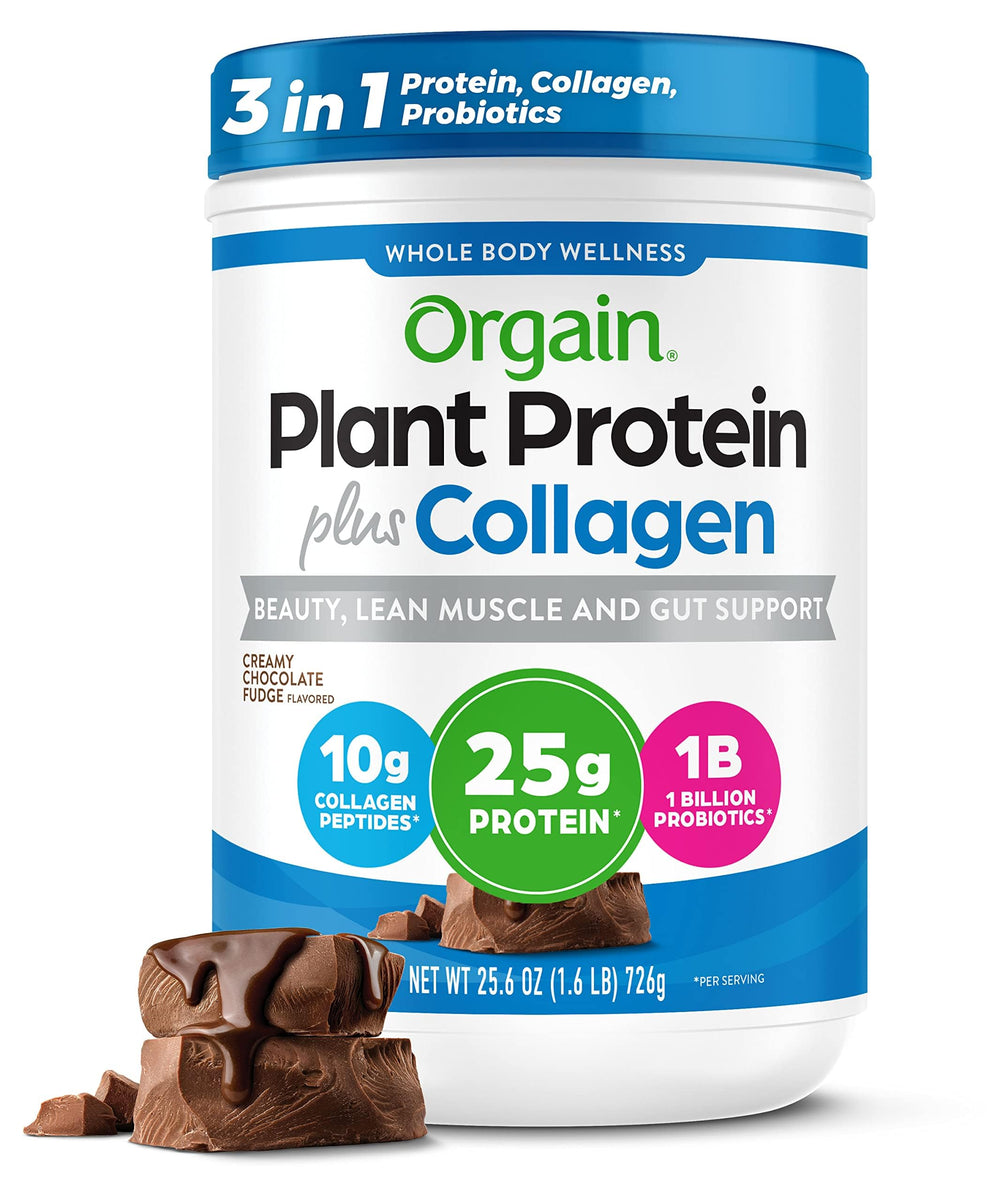 Orgain Creamy Chocolate Fudge packaging showing daily protein and collagen blend