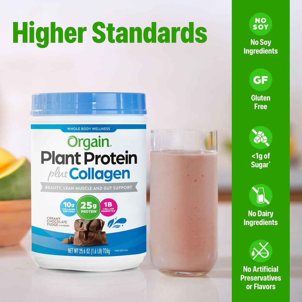 Orgain creamy chocolate fudge shake in glass with smooth texture