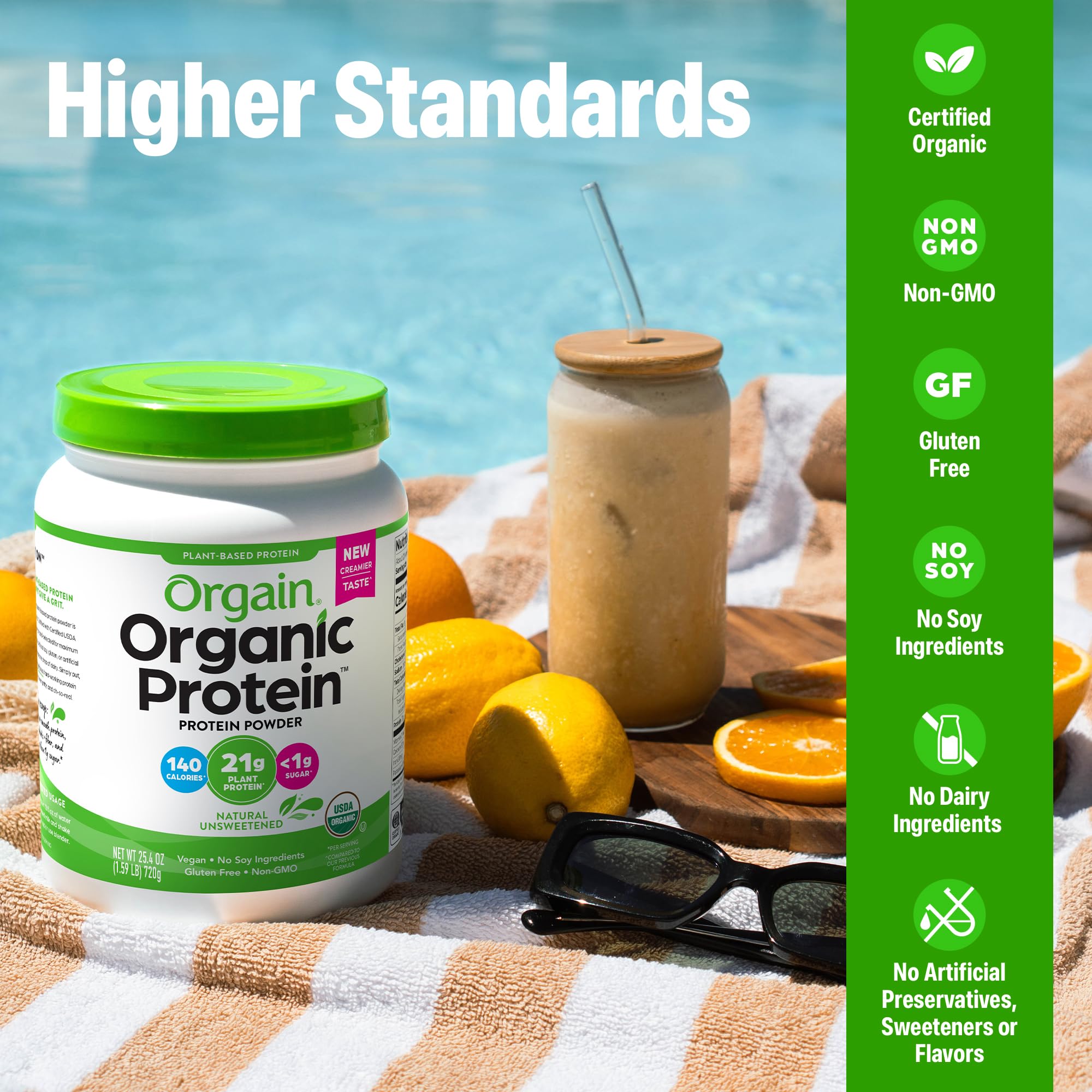 Orgain protein powder scoop pouring to show easy shake mixing