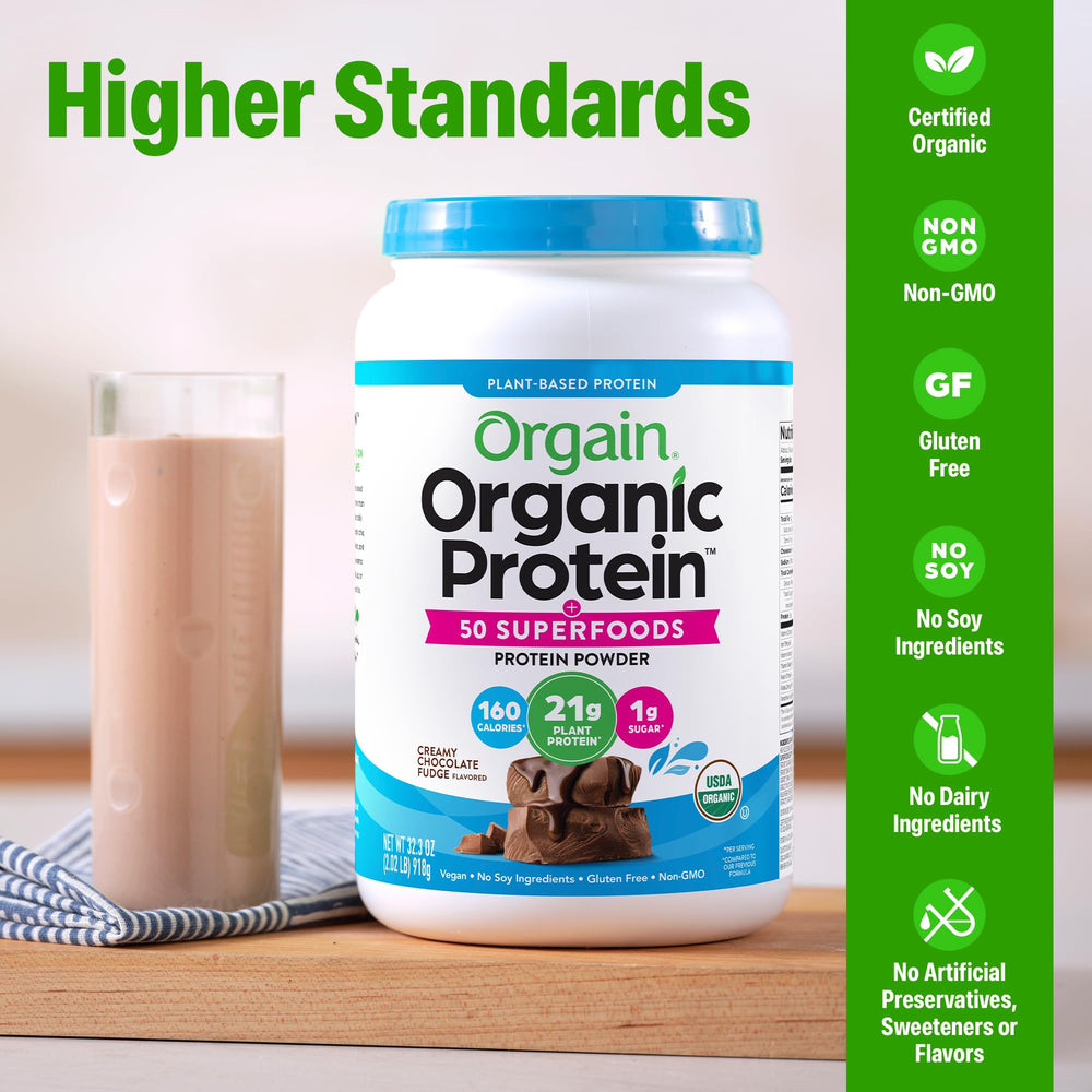 Orgain protein powder scoop dispensing powder for quick breakfast smoothies