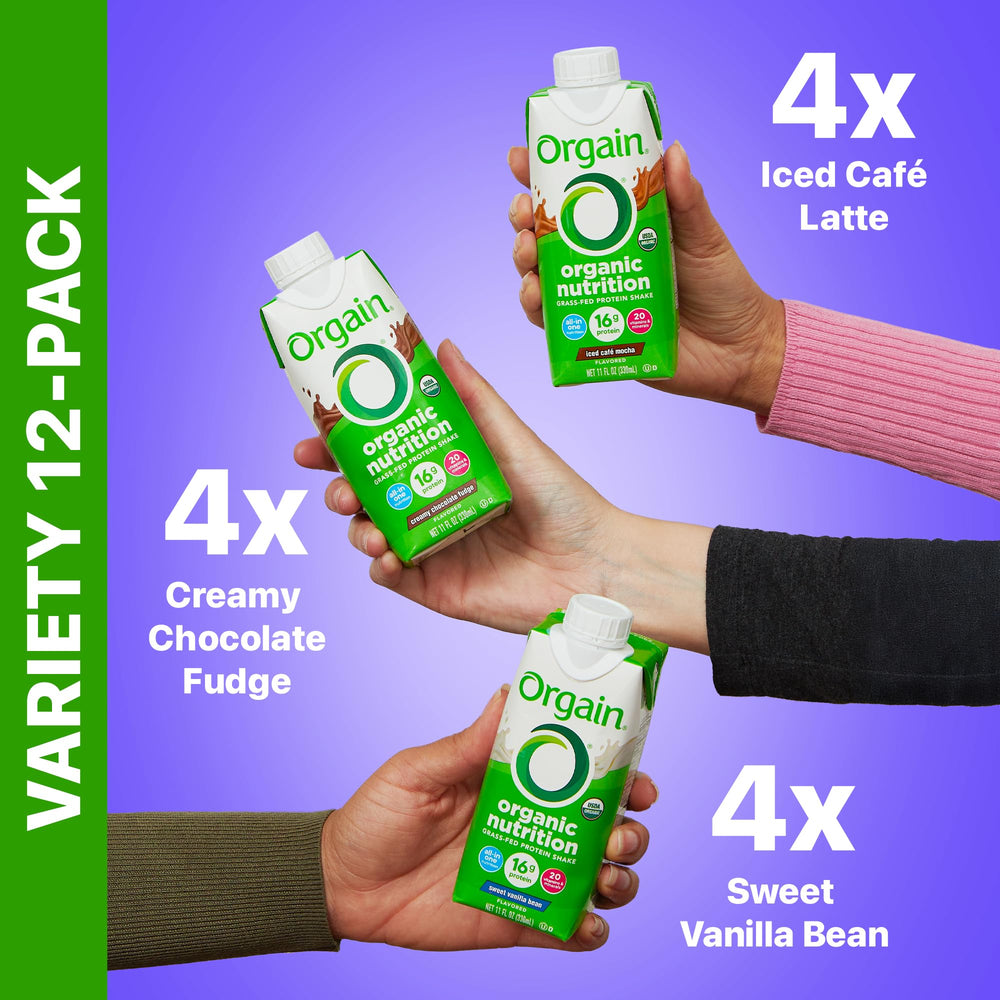 Orgain ready-to-drink packaging on a store shelf for fast meals.