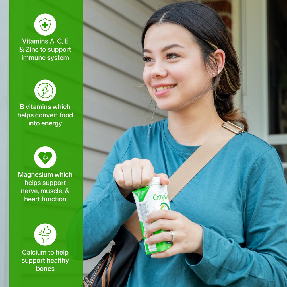Orgain ready-to-drink vanilla bean glass emphasizes convenience