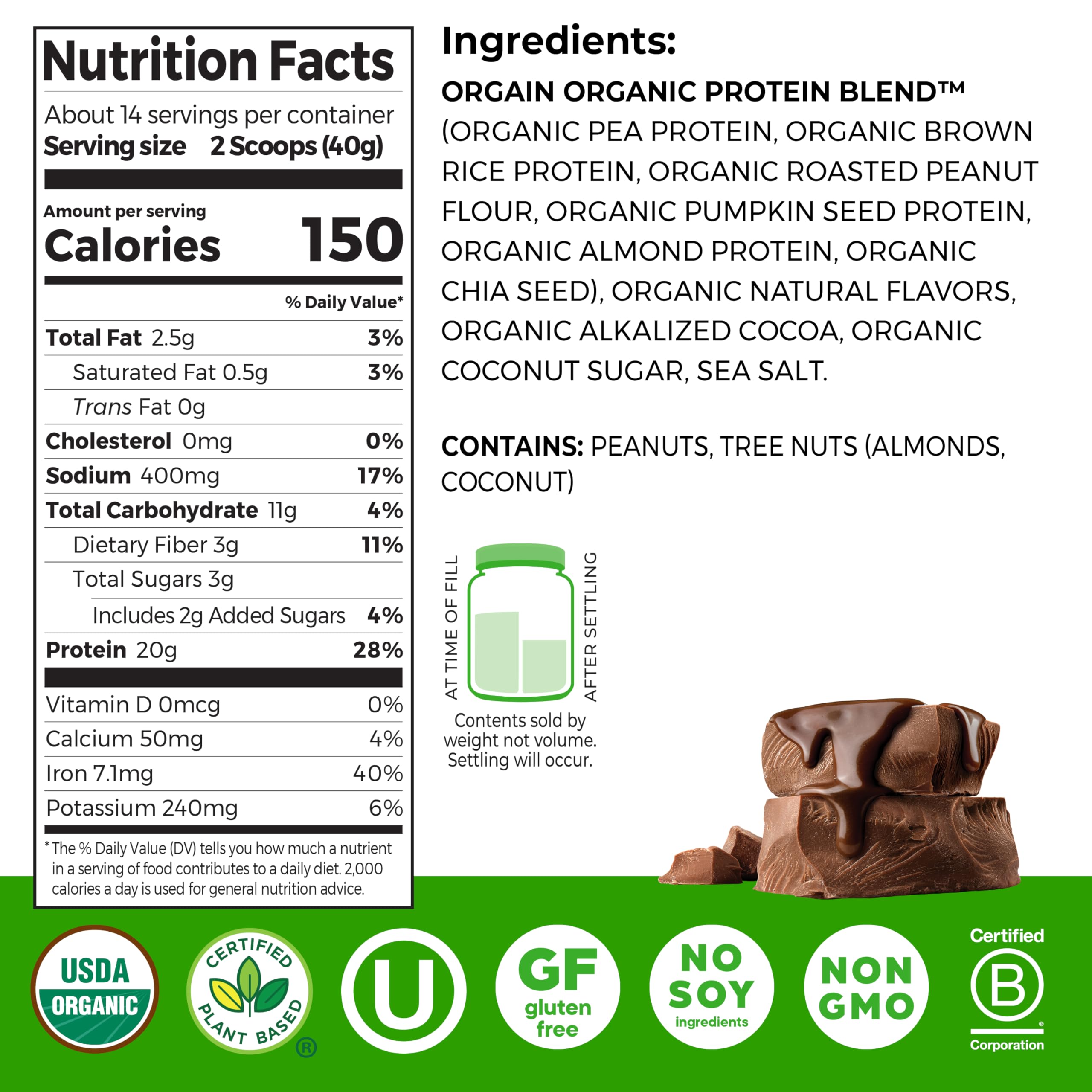 Orgain Simple Protein ingredients list featuring organic almonds and chia seeds for clean nutrition.