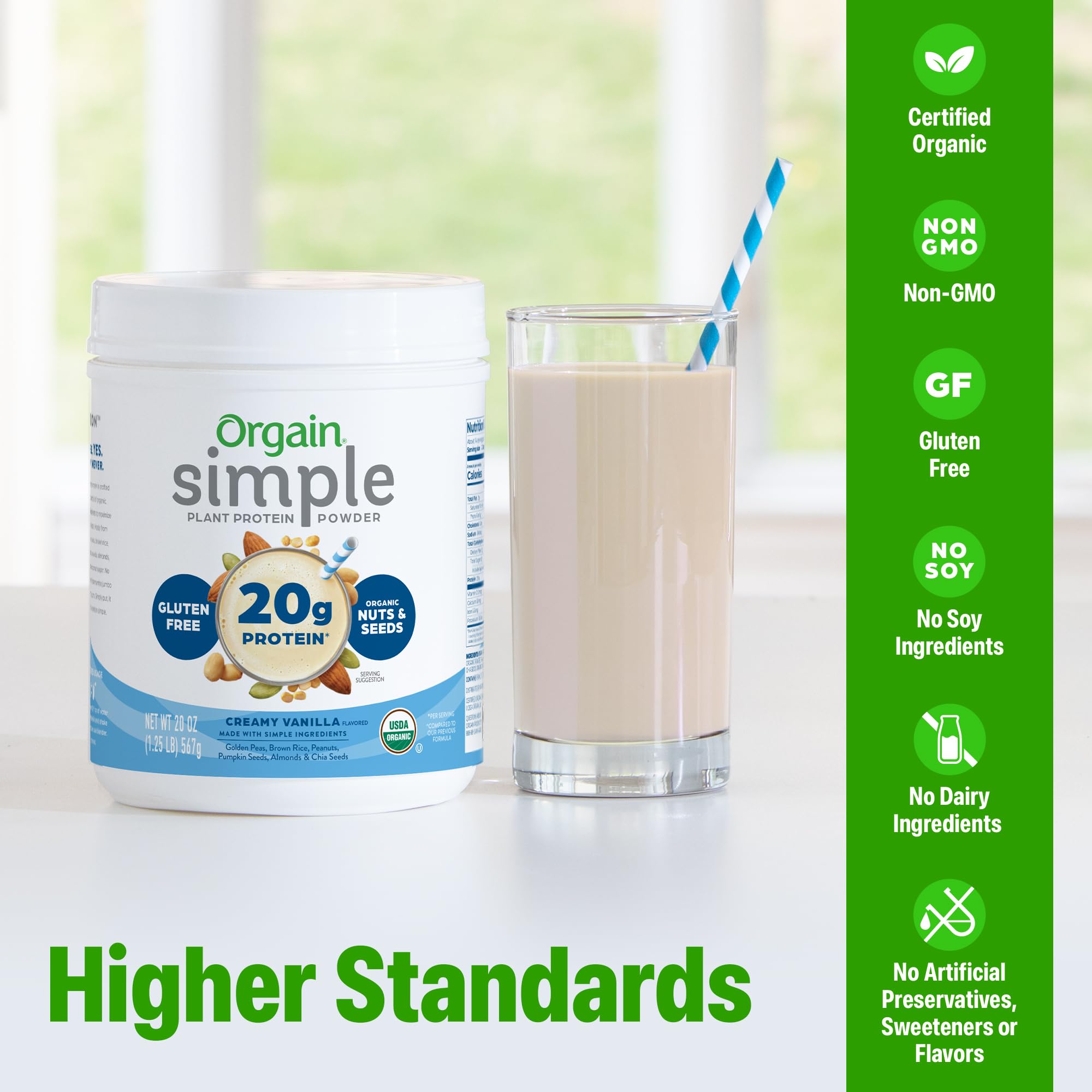 Orgain Simple Vegan Protein Vanilla shake glass with creamy texture.