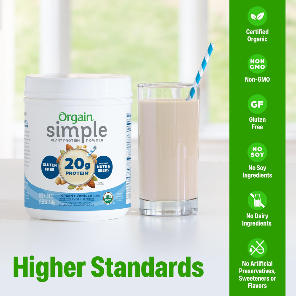Orgain Simple Vegan Protein Vanilla shake glass with creamy texture.