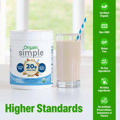 Orgain Simple Vegan Protein Vanilla shake glass with creamy texture.