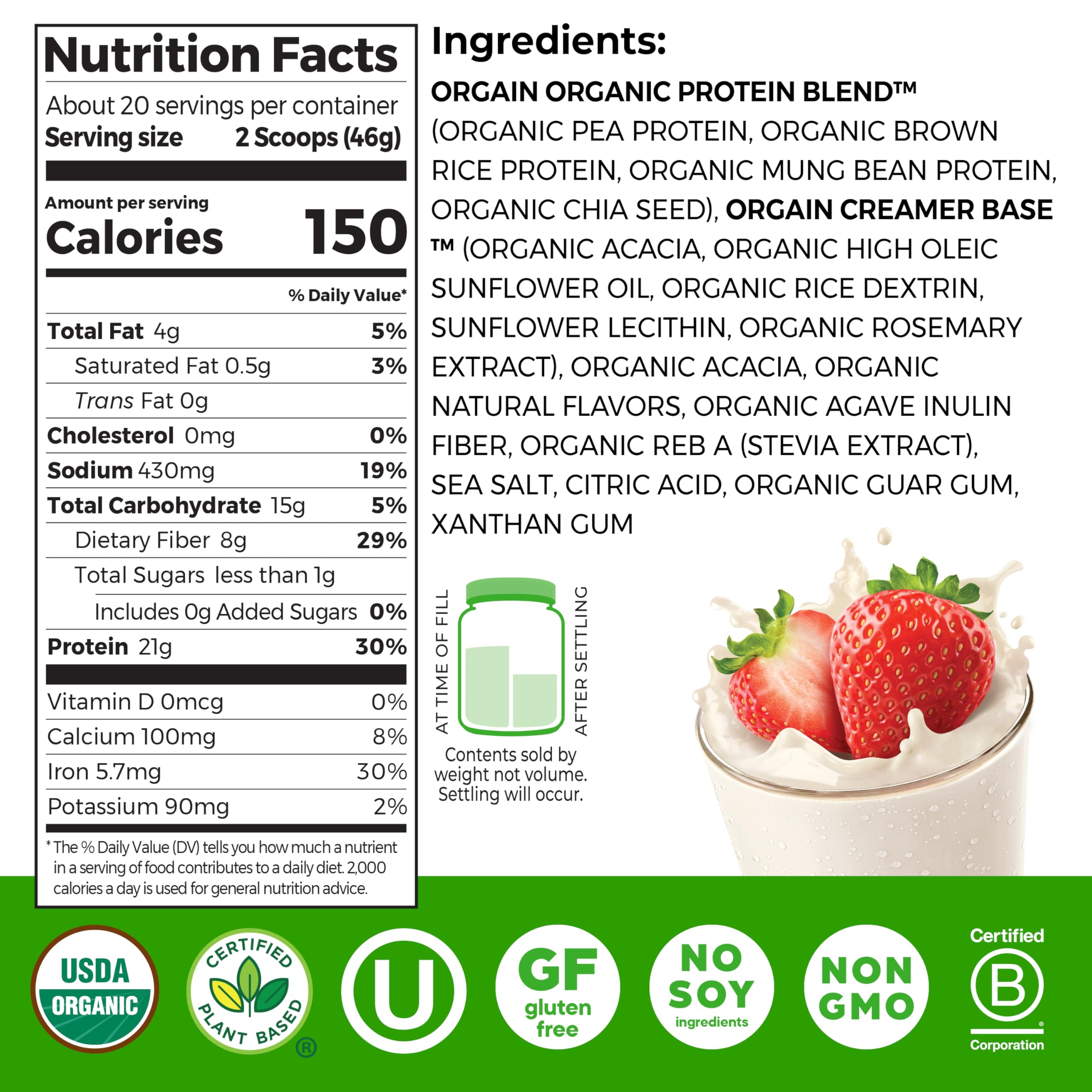 Orgain Strawberries and Cream protein shake in a glass