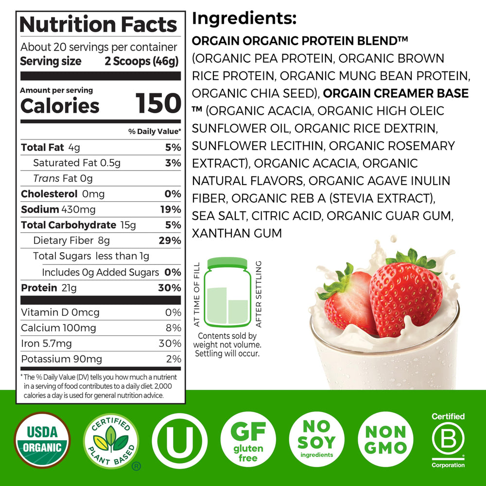 Orgain Strawberries and Cream protein shake in a glass
