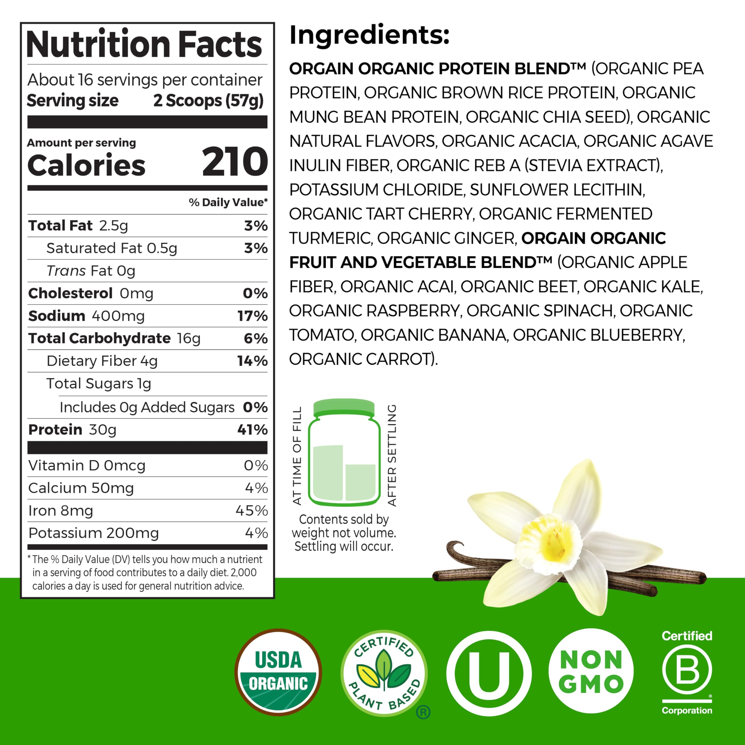 Orgain Vanilla 30g Plant Protein ingredients panel showing organic blend for clean nutrition