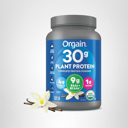 Orgain Vanilla 30g Plant Protein shake poured in glass ready for workout