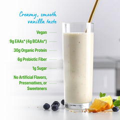 Orgain Vanilla 30g Plant Protein tart cherry turmeric ginger blend on label