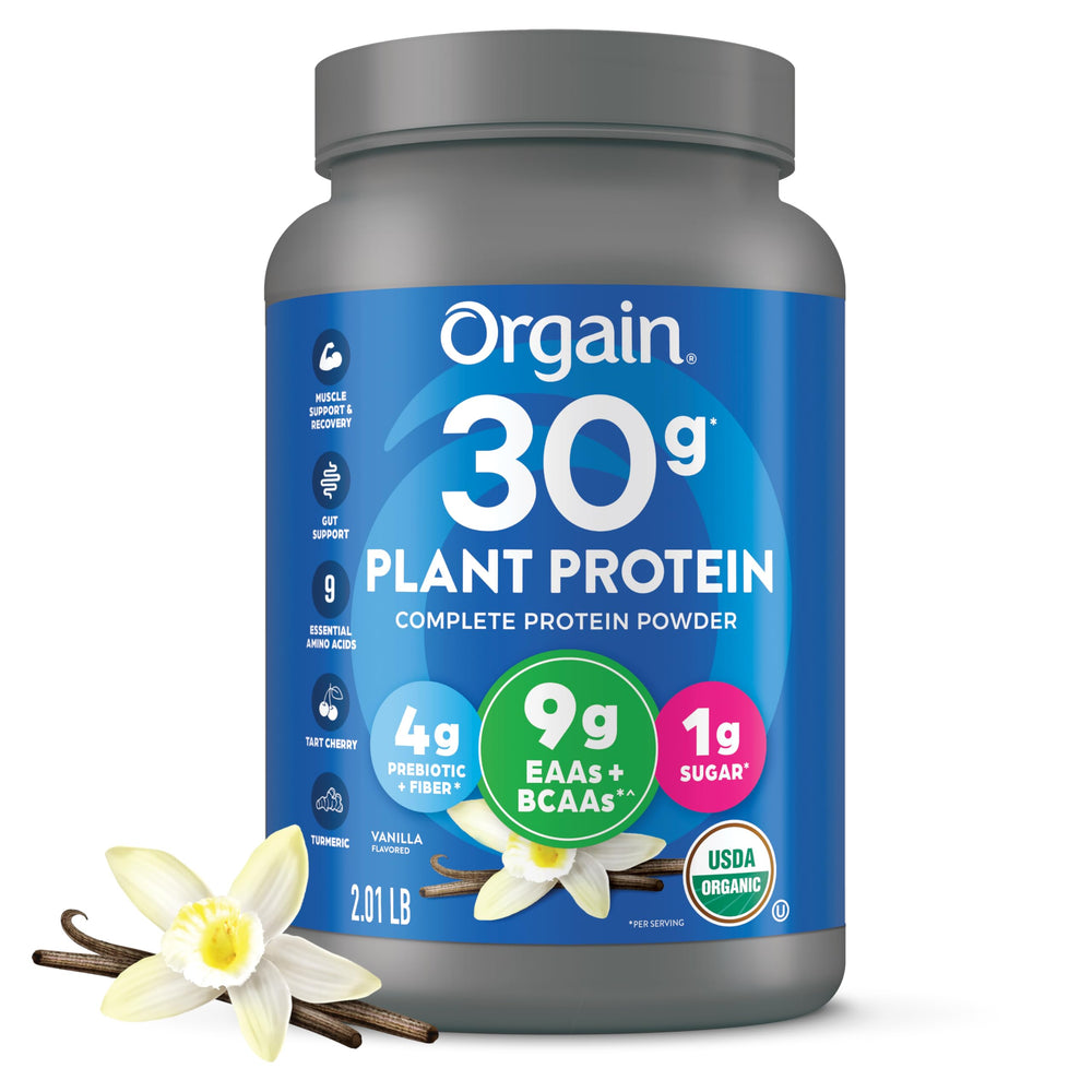 Orgain Vanilla 30g Plant Protein tub front for post-workout fueling