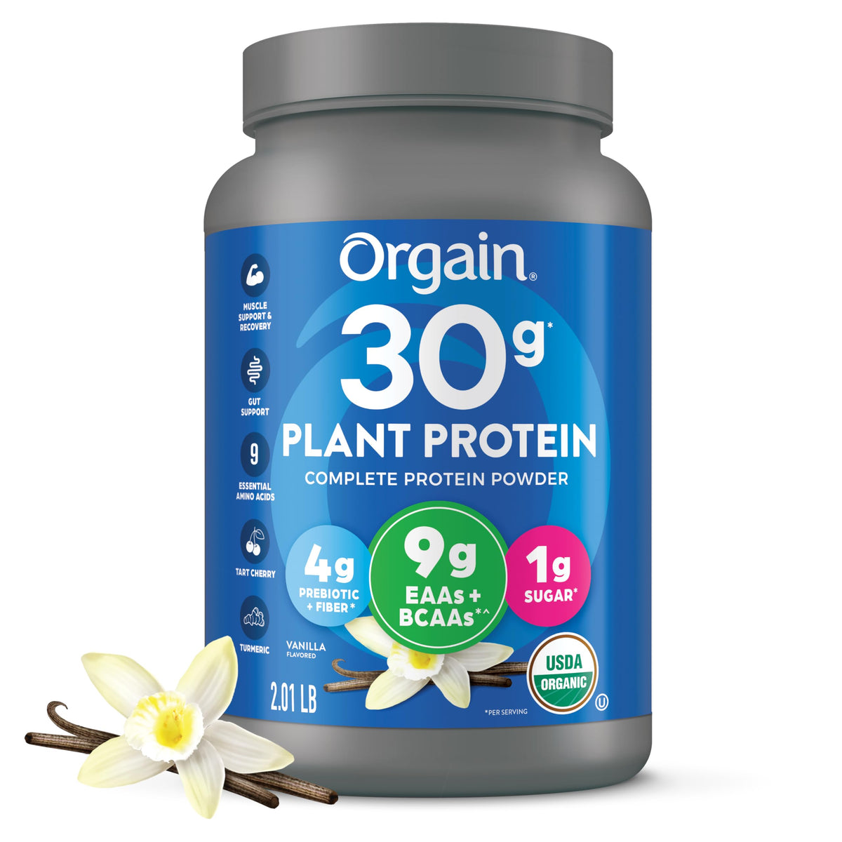 Orgain Vanilla 30g Plant Protein tub front for post-workout fueling