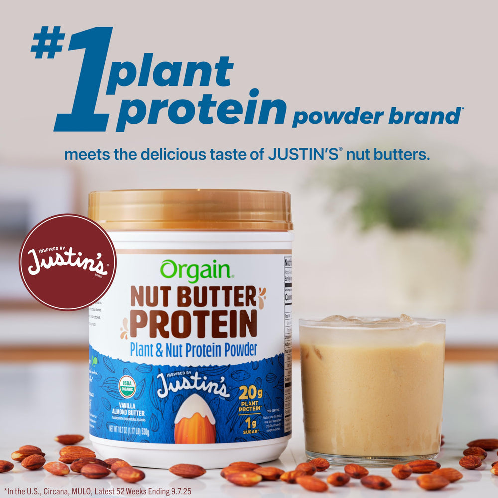 Orgain Vanilla Almond Butter protein powder dry mix ready for a bowl and blend