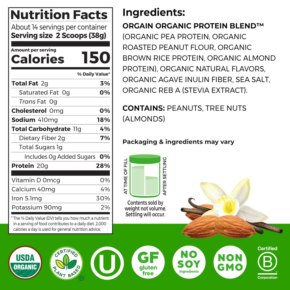 Orgain Vanilla Almond Butter protein powder label closeup highlighting gluten-free and dairy-free ingredients