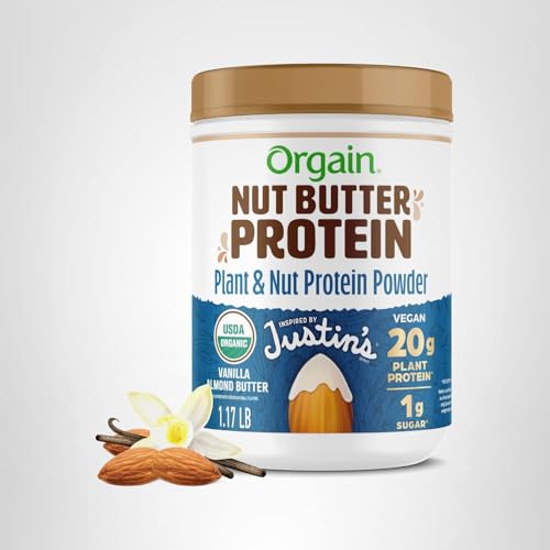 Orgain Vanilla Almond Butter protein powder post-workout bottle shot implying recovery-friendly nutrition