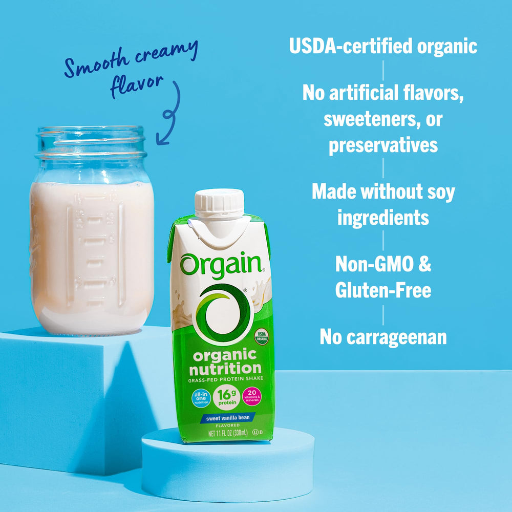 Orgain shake label emphasizes gluten-free, soy-free, non-GMO attributes