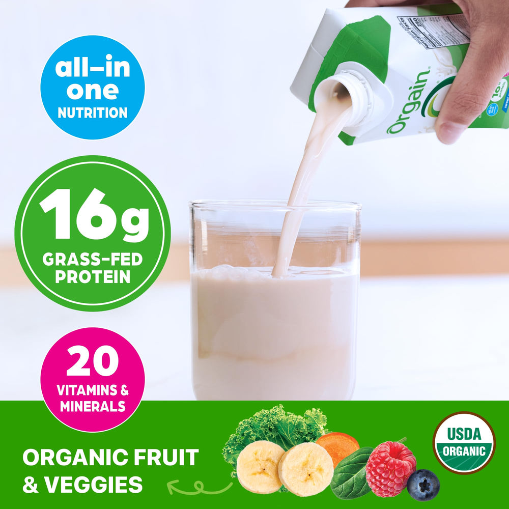 Orgain Vanilla Bean bottle with ingredients suggests natural fruits and veggies