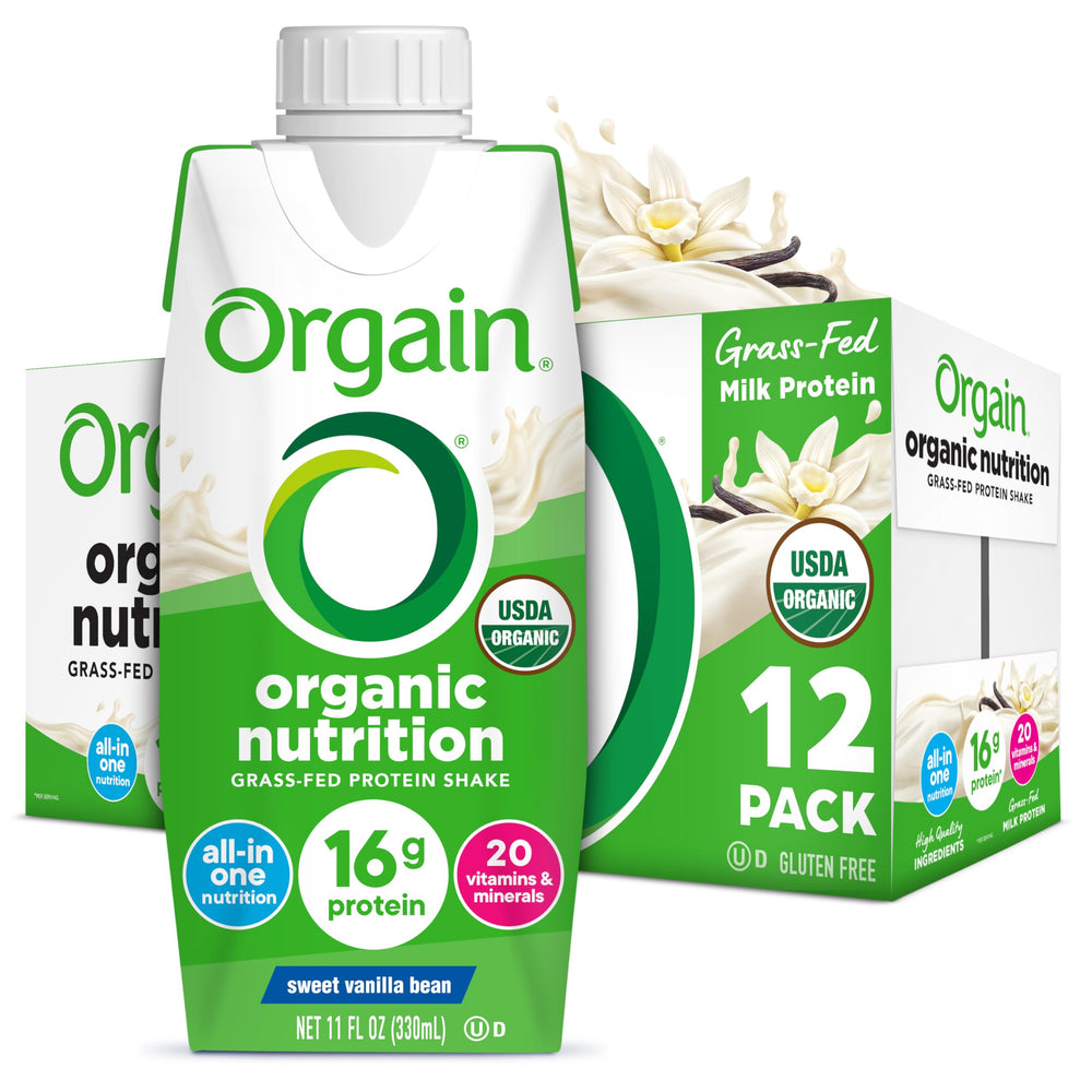 Orgain Vanilla Bean Shake packaging highlights USDA Organic nutrition for busy mornings