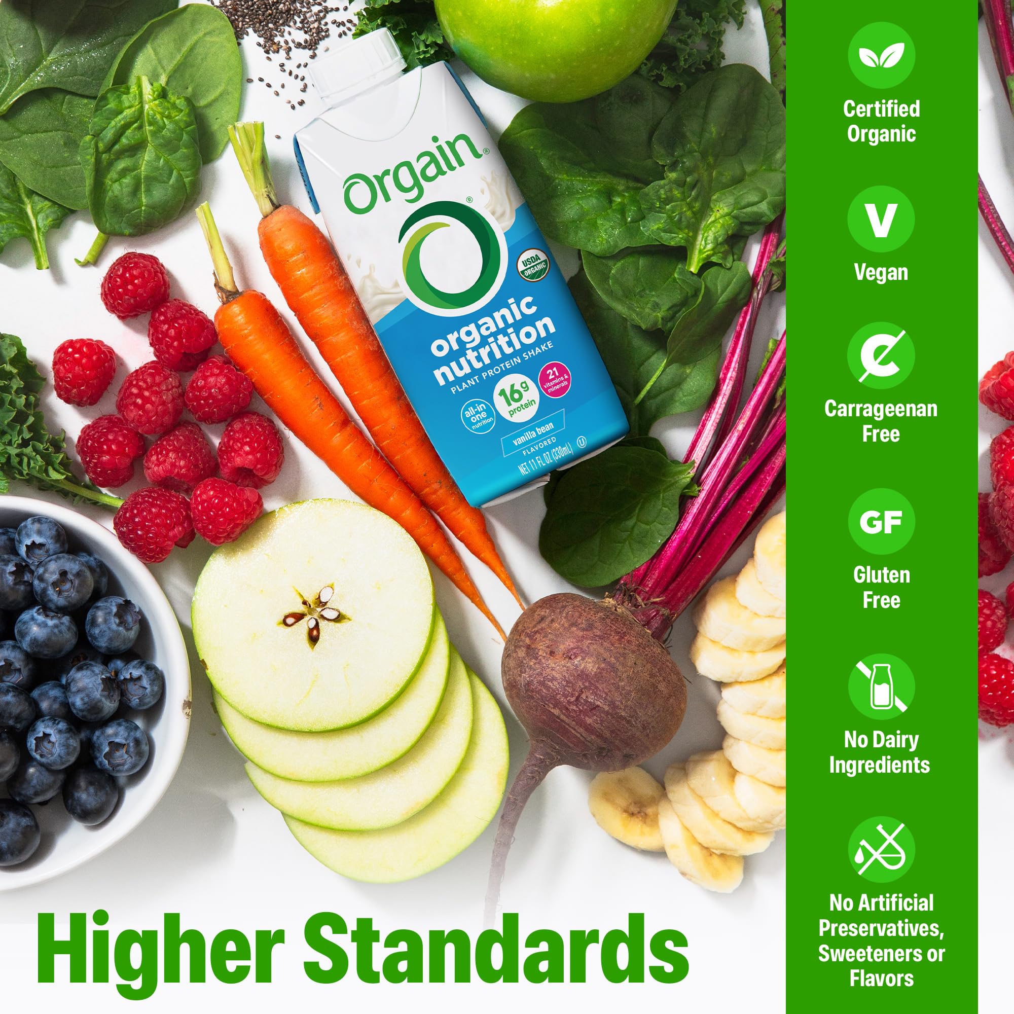 Orgain Vanilla Bean shake carton showcases convenient, on-the-go nutrition for busy days.