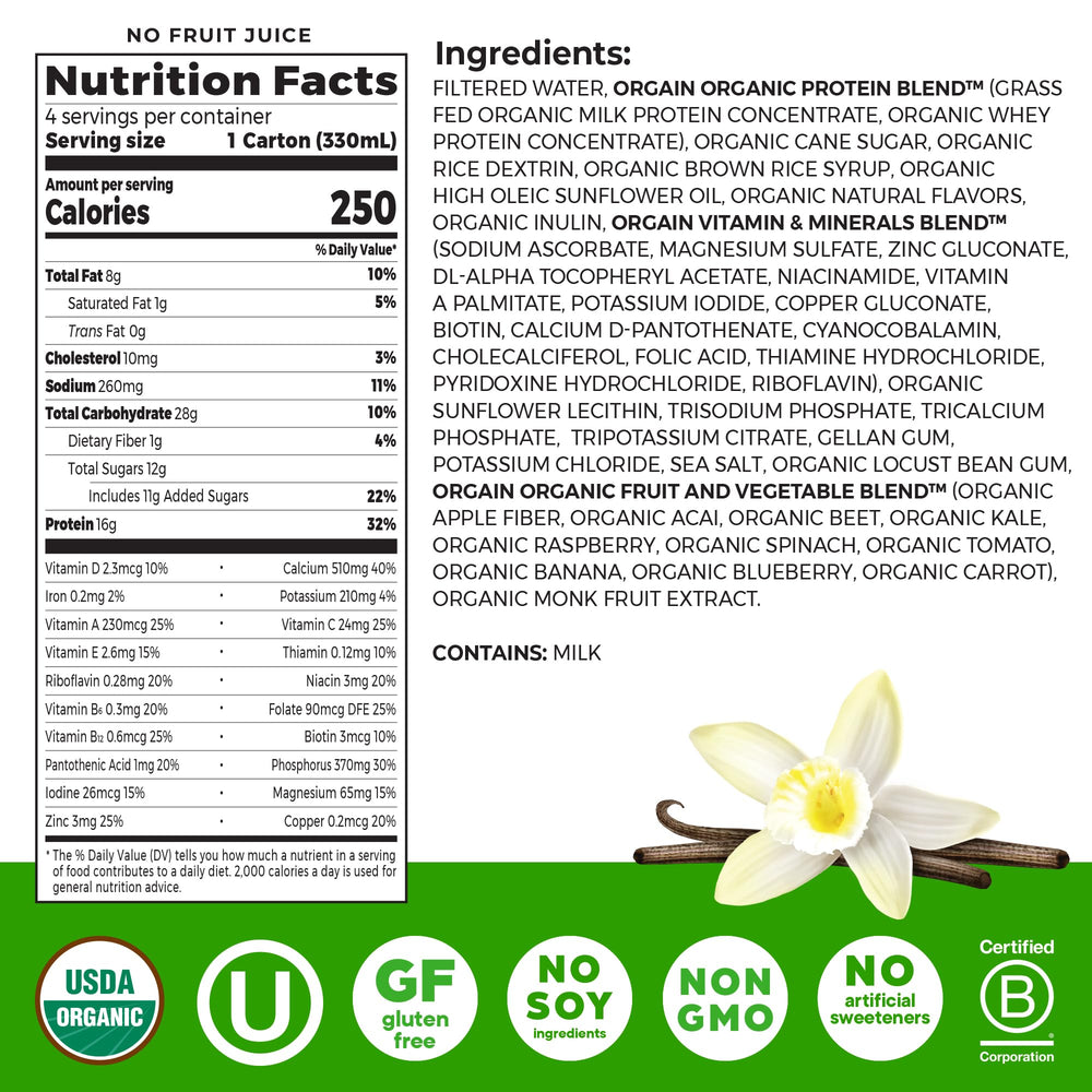 Orgain Vanilla Bean shake pour showing creamy texture for quick meals
