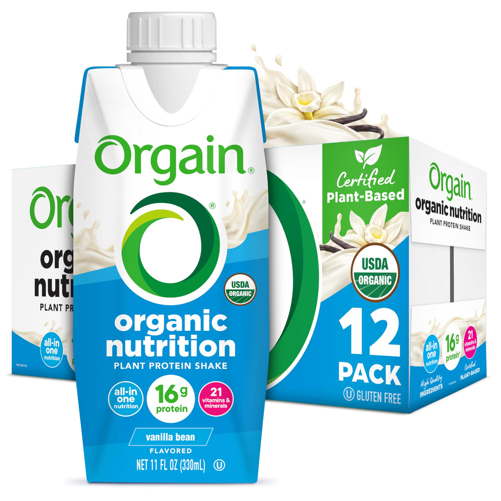 Orgain Vanilla Bean organic shake bottle showing creamy texture for quick nutrition.