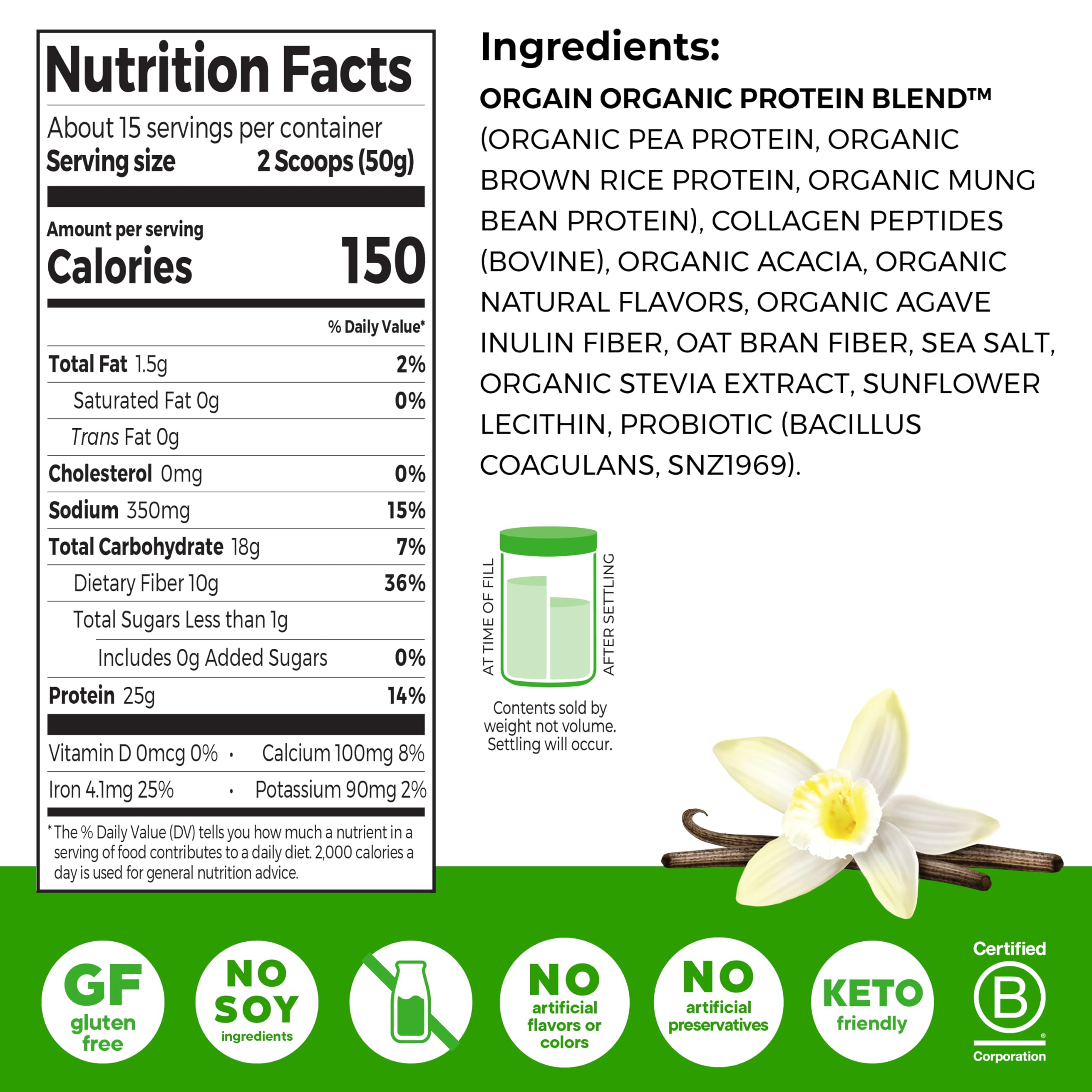 orgain vanilla bean protein powder scoop ready to blend into smoothies