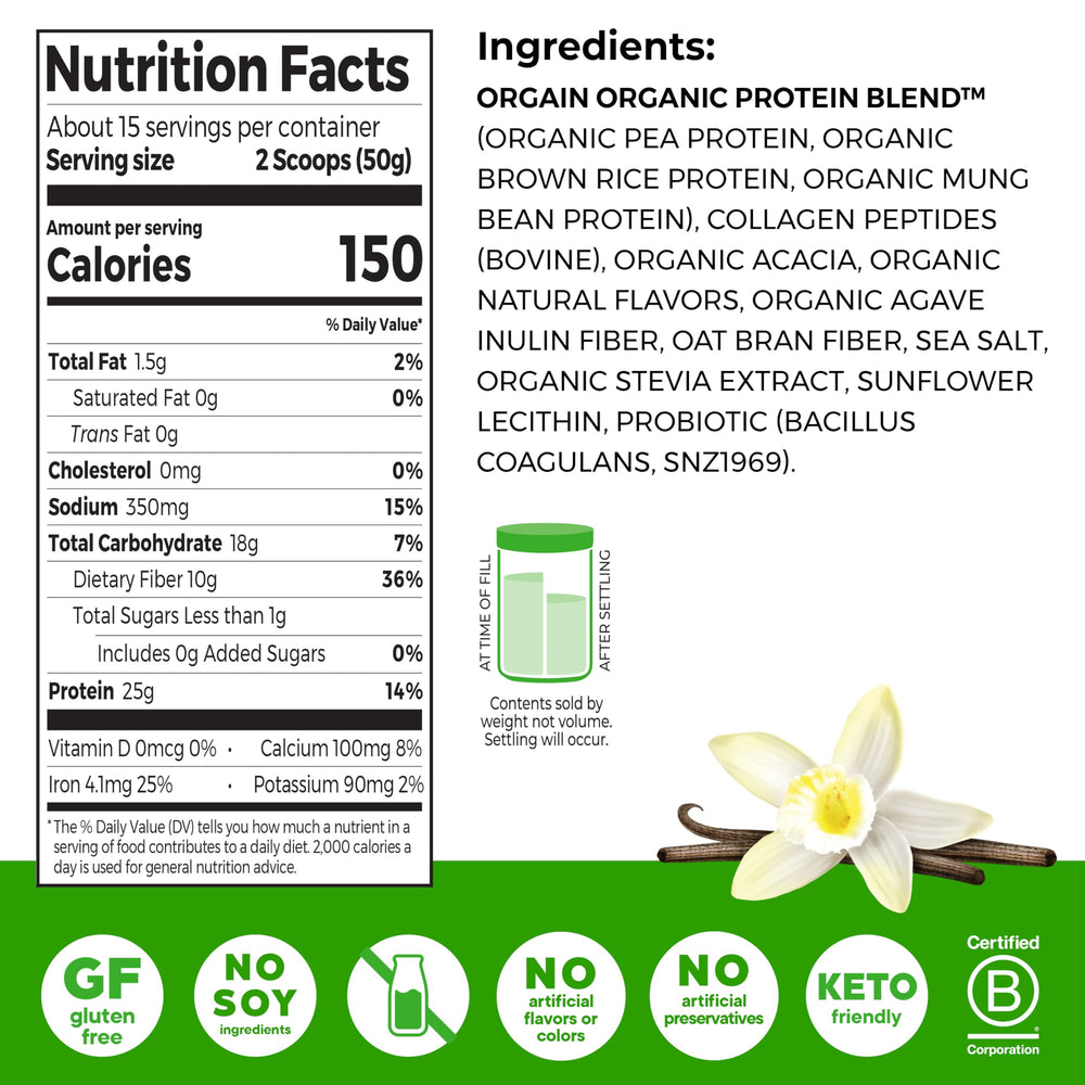 orgain vanilla bean protein powder scoop ready to blend into smoothies