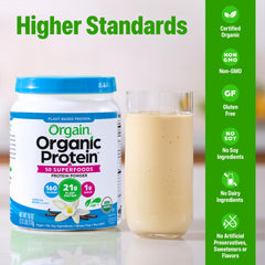 Orgain vanilla bean protein shake glass shows a creamy vegan shake option