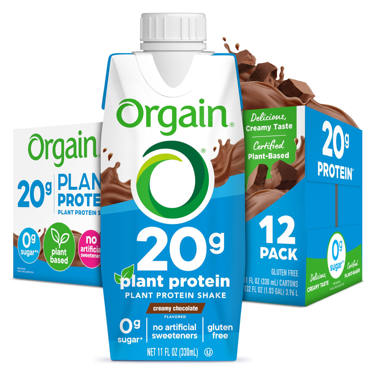 Orgain vegan protein shake bottle featuring creamy chocolate flavor for on-the-go protein.