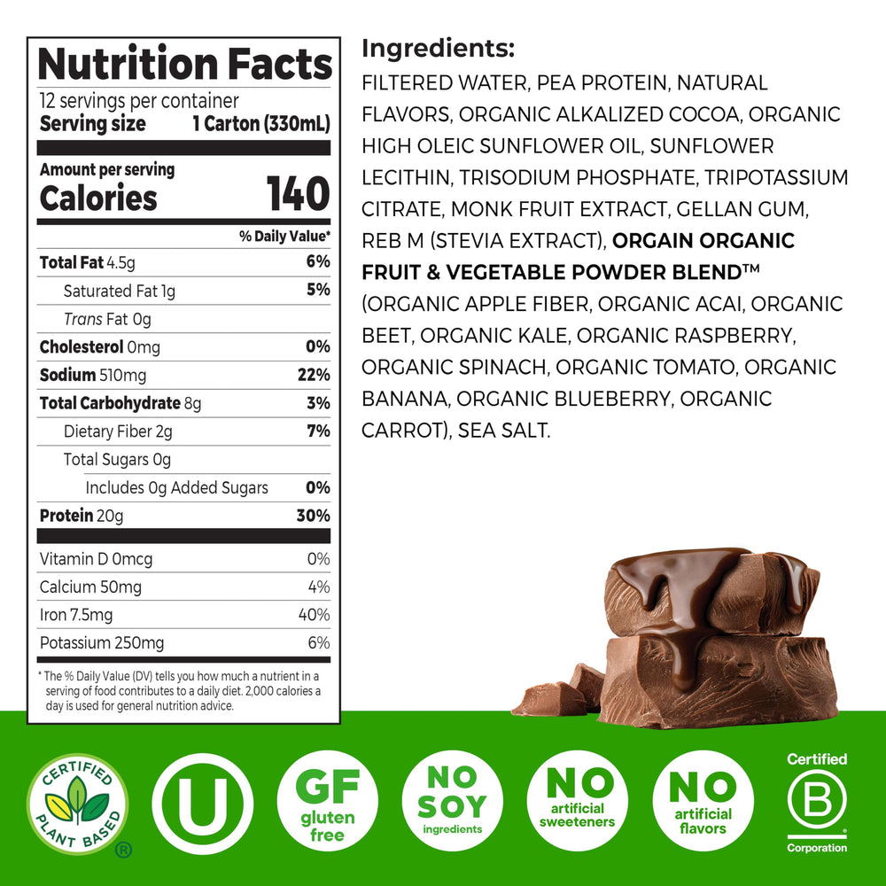 Pour shot of Orgain Creamy Chocolate shake highlighting smooth texture and convenience.