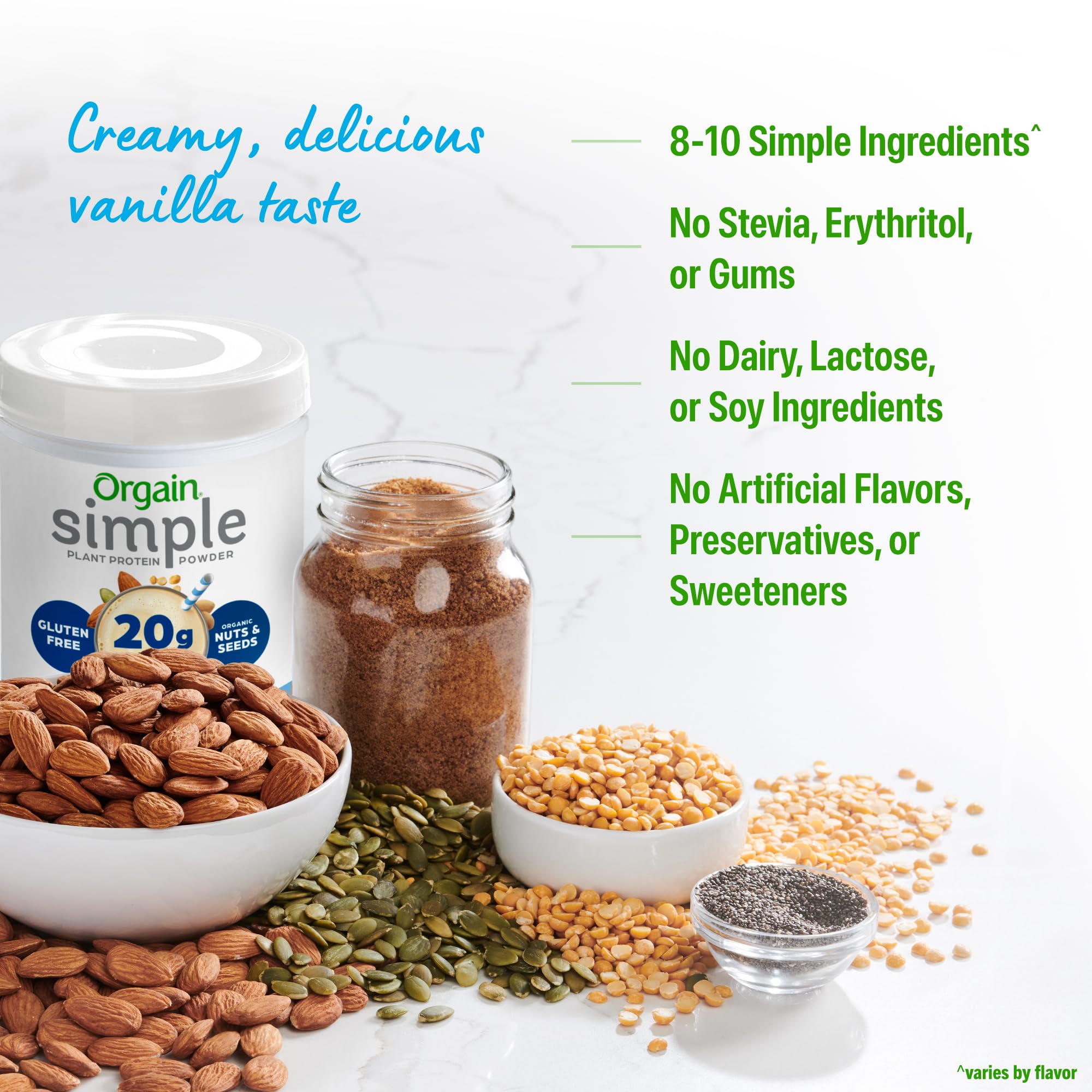 Orgain Vegan Protein Vanilla label shot showing plant-based, gluten-free, non-GMO attributes.