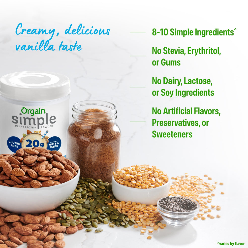 Orgain Vegan Protein Vanilla label shot showing plant-based, gluten-free, non-GMO attributes.
