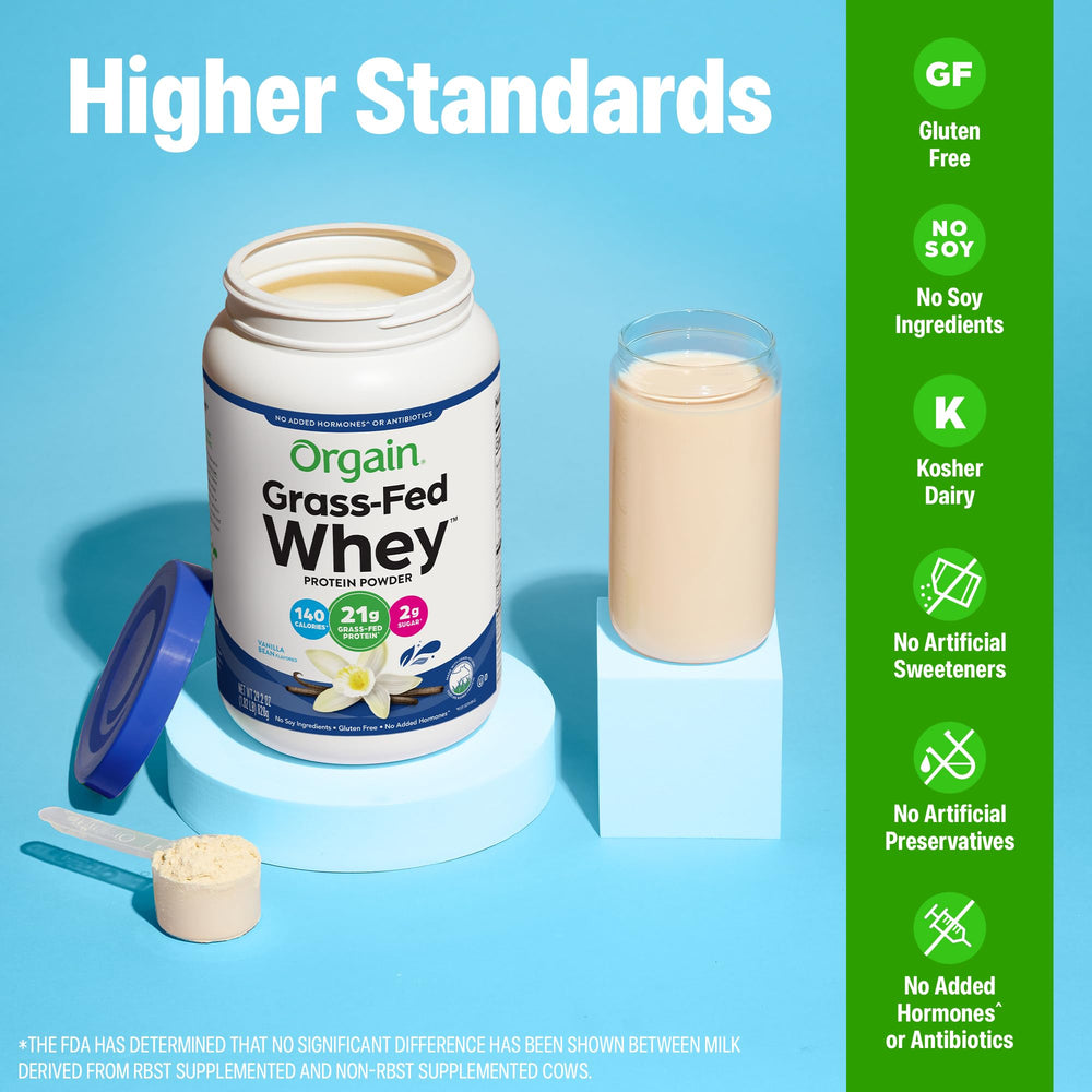Orgain whey protein vanilla bean baking usage, measuring cup beside ingredients.