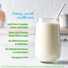 Orgain whey protein vanilla bean smoothie idea with glass and fruits.