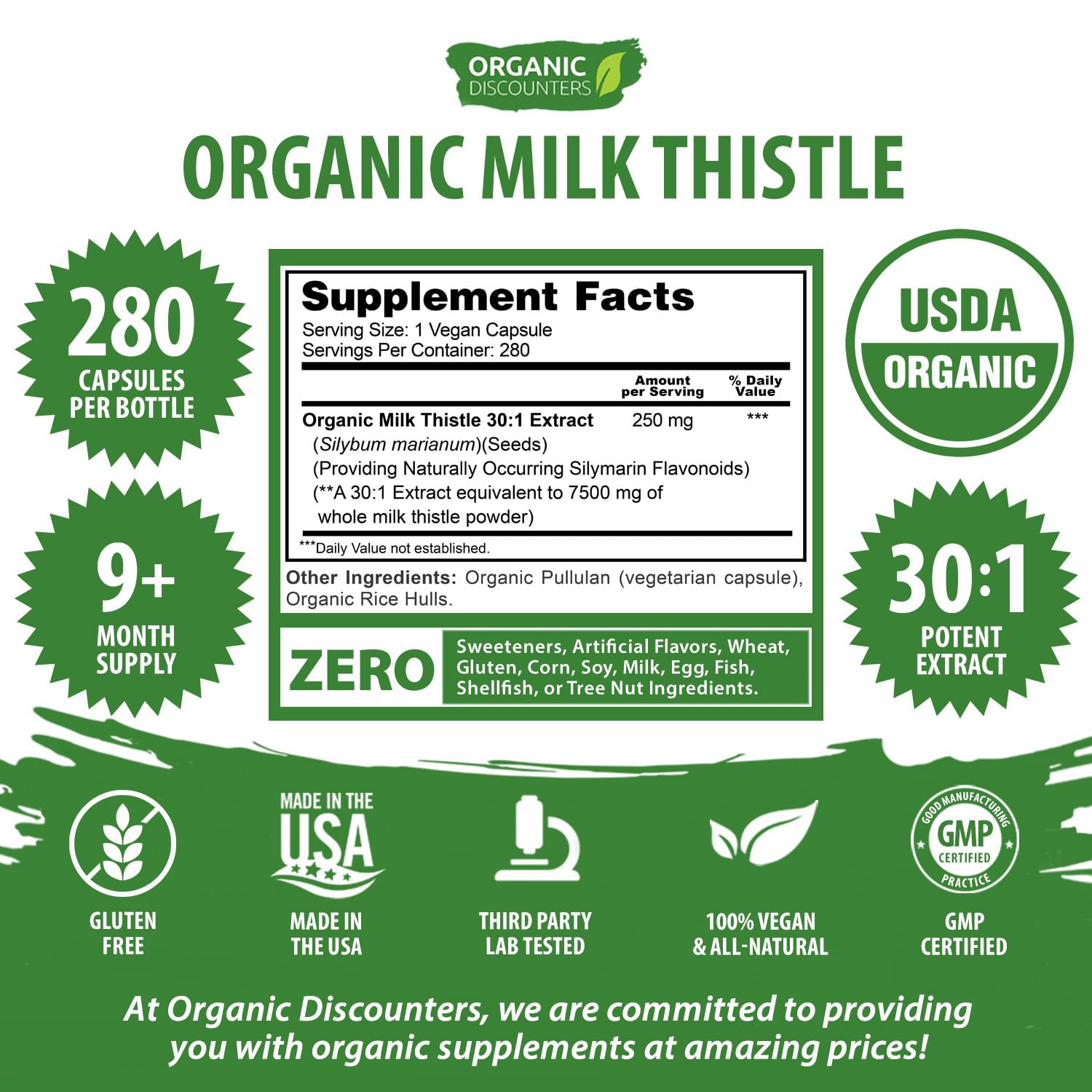 Packaging of Organic Discounters Milk Thistle capsules emphasizing vegan and organic origin