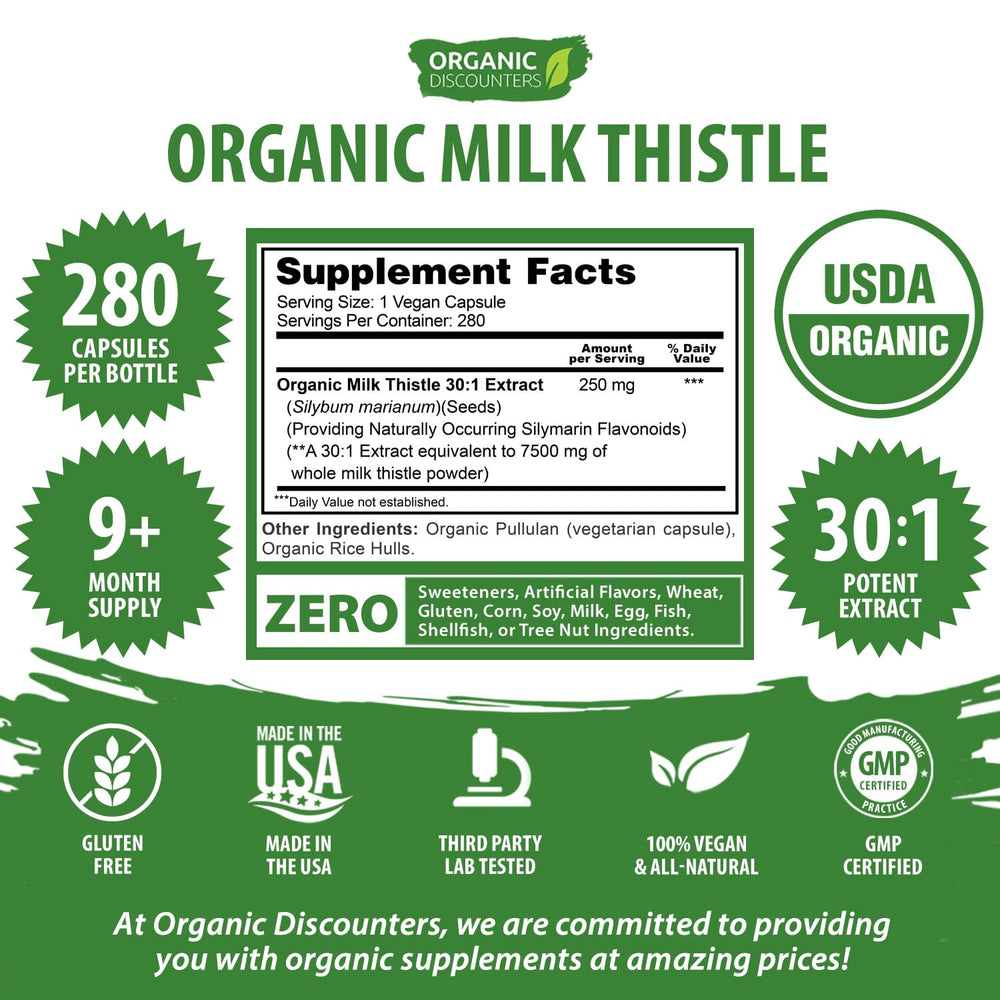 Packaging of Organic Discounters Milk Thistle capsules emphasizing vegan and organic origin