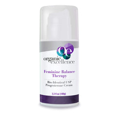 Organic Excellence Feminine Balance cream bottle showcasing wild yam formula for daily self-care.