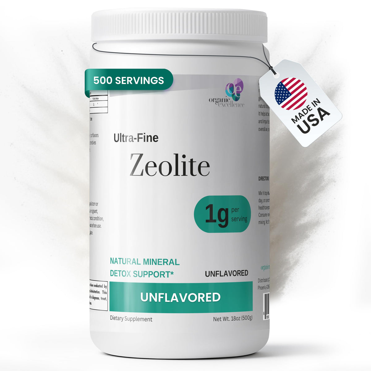 Organic Excellence Zeolite Clinoptilolite Powder bottle shows a pure mineral supplement for daily balance.