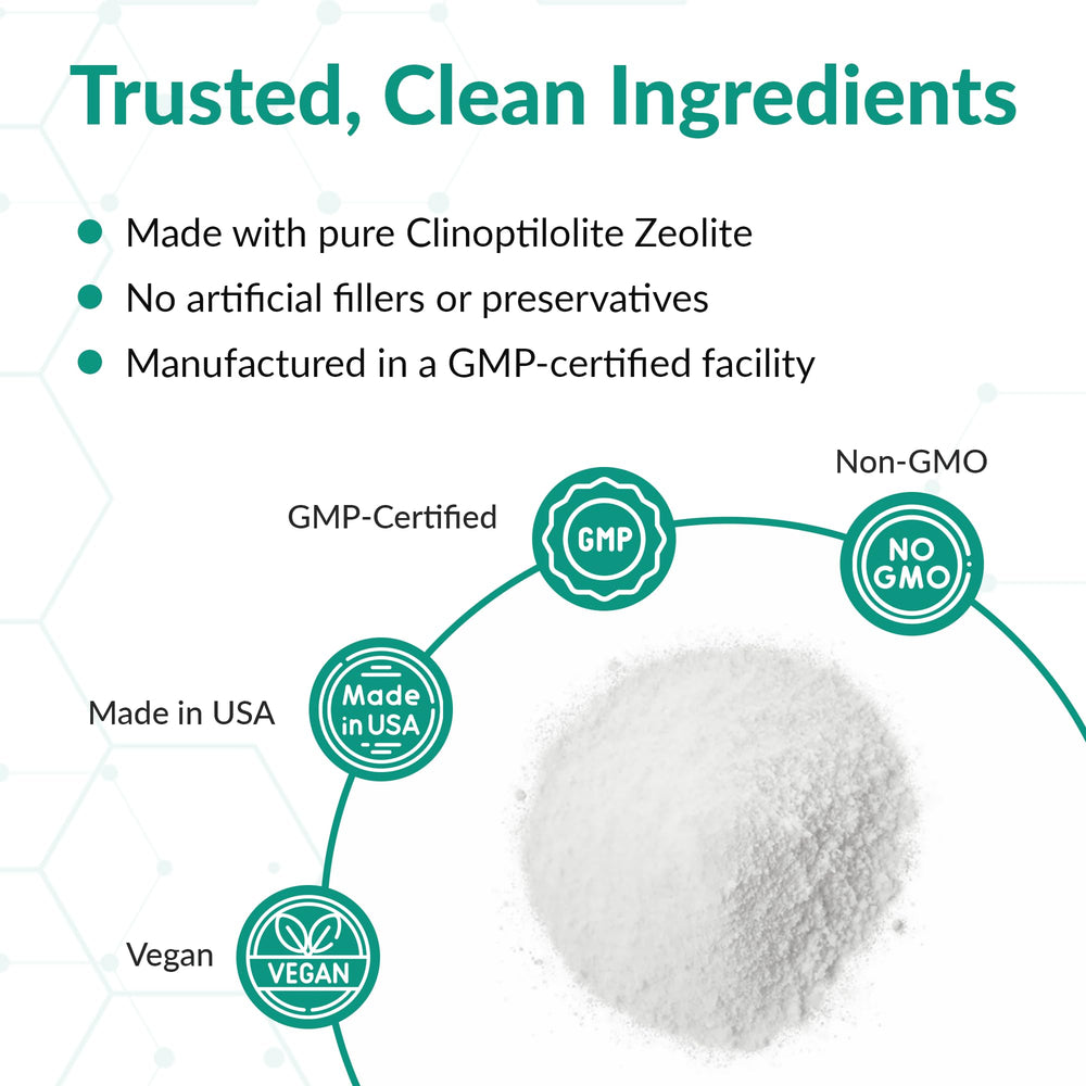 Organic Excellence Zeolite Clinoptilolite Powder jar closeup highlights clean, minimally processed mineral.