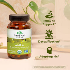 Organic India Amalaki bottle back showing vegan and gluten-free attributes