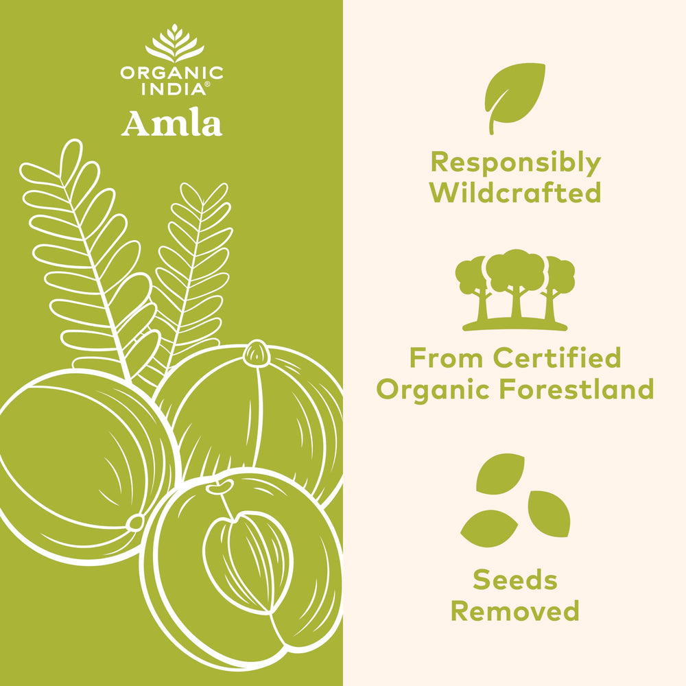 Close-up of Organic India Amalaki label with USDA Organic and Non-GMO notes