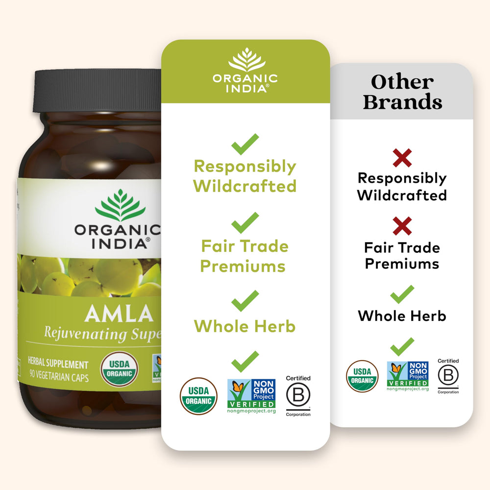 Packaging highlights sustainability and regenerative sourcing for Organic India Amalaki
