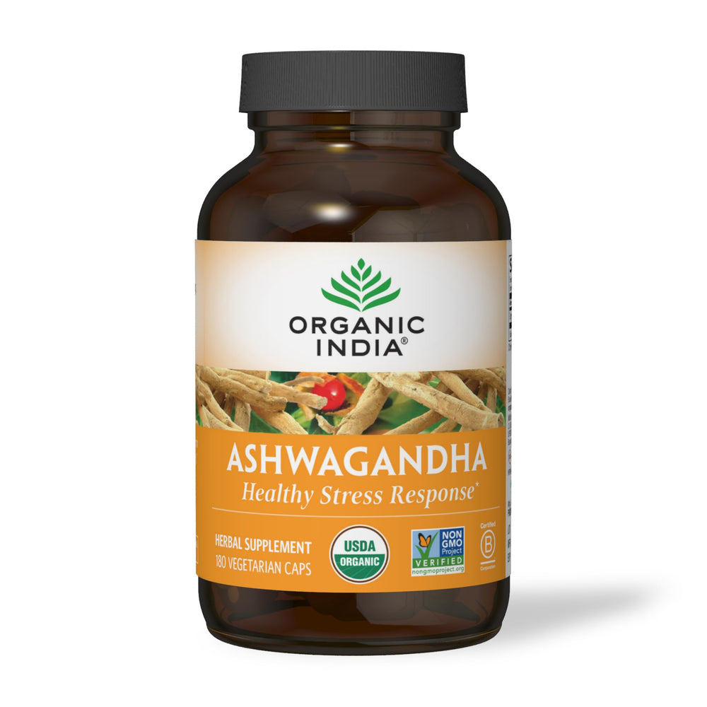 Organic India Ashwagandha capsules in gym bag promoting balanced energy.