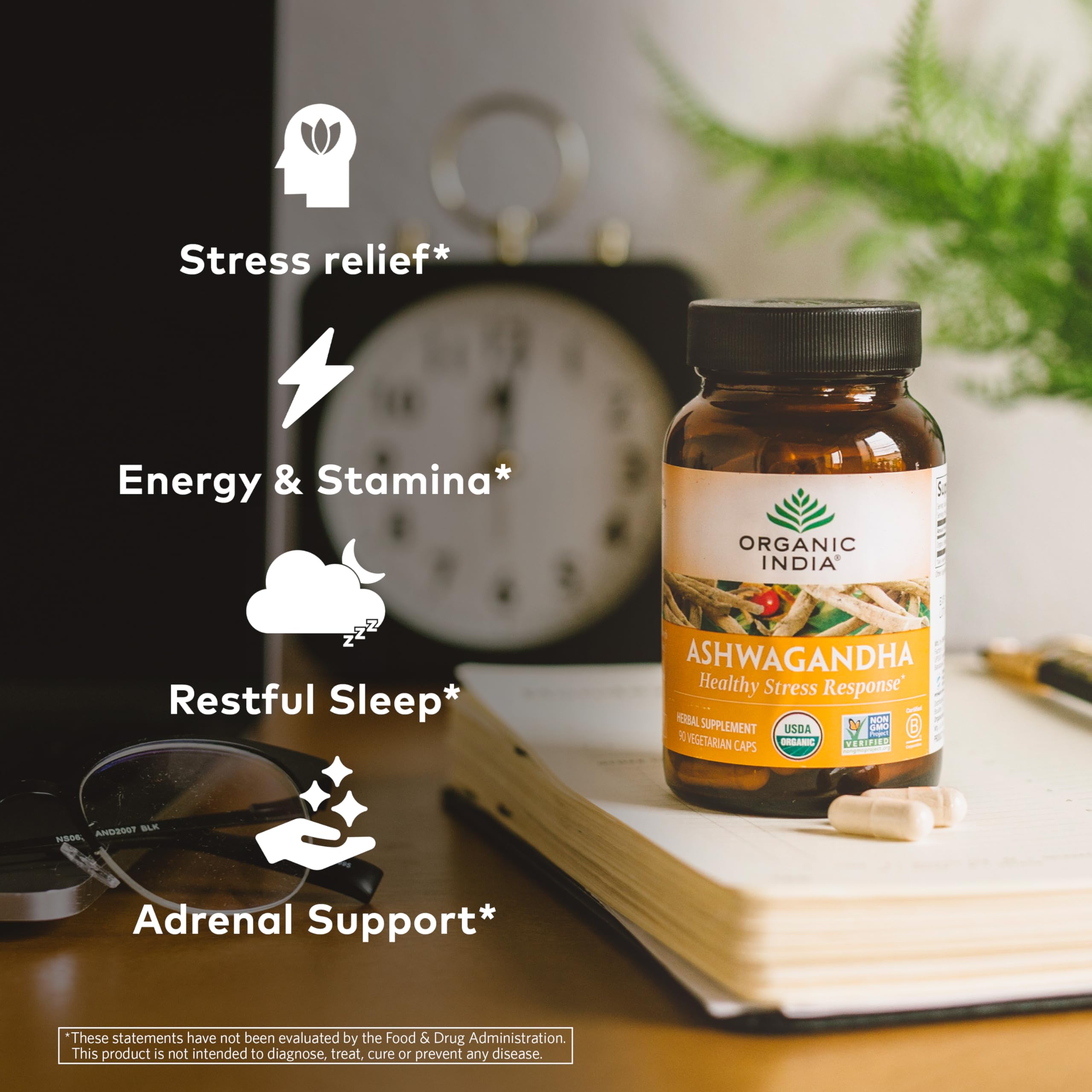 Organic India Ashwagandha capsules beside a bedtime tea for improved rest.