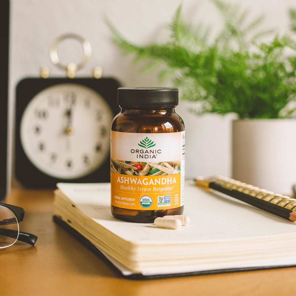 Organic India Ashwagandha capsules bottle, ideal for evening wind-down and restful sleep.