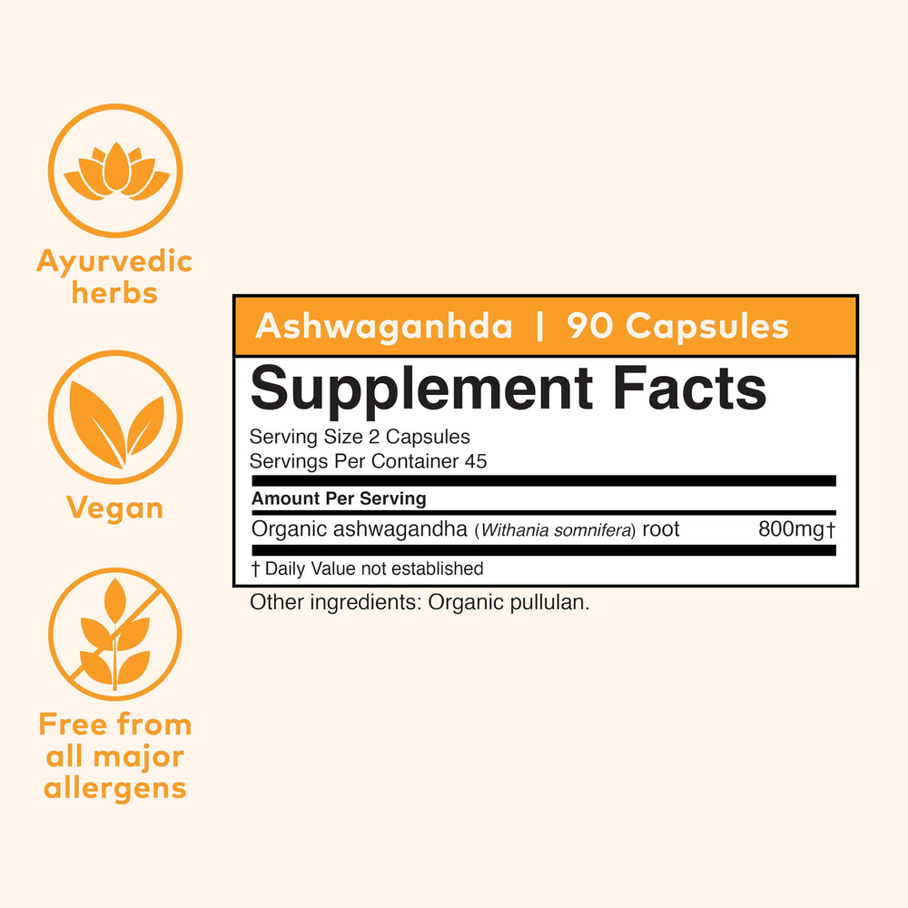 Organic India Ashwagandha capsules label closeup, vegan and gluten-free formulation.