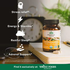 Organic India Ashwagandha capsules label highlights vegan, gluten-free, non-GMO formula