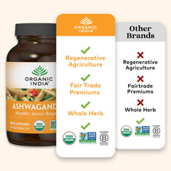 Organic India Ashwagandha capsules label highlights vegan, gluten-free, non-GMO features.
