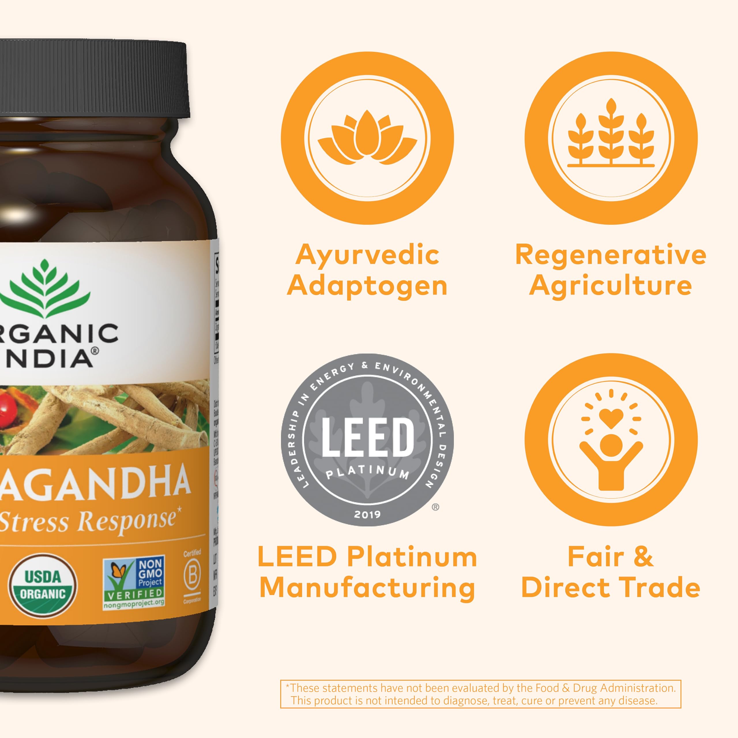 Organic India Ashwagandha capsules packaging box, emphasizes non-GMO and kosher qualities.